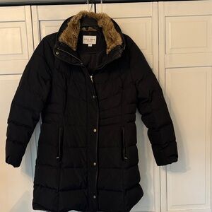 Cole Haan Black Puffer Coat with Faux-Fur Trim and hidden hood